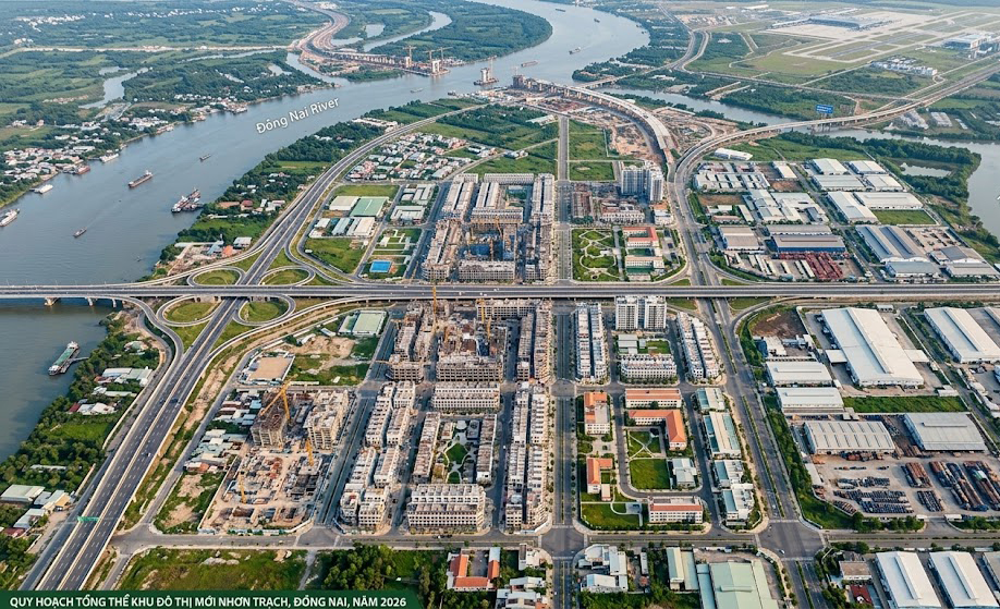 Phối cảnh quy hoạch tổng thể khu đô thị mới Nhơn Trạch Đồng Nai năm 2026 nhìn từ trên cao, thể hiện các tuyến đường chính, khu công nghiệp và khu dân cư đang được triển khai xây dựng