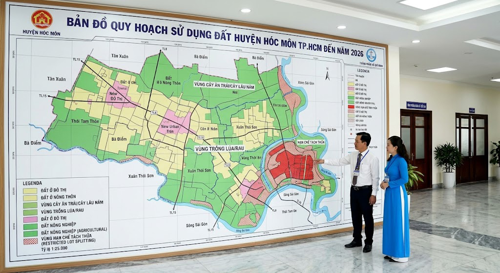 Bản đồ quy hoạch sử dụng đất huyện Hóc Môn TP.HCM năm 2026 được treo tại trụ sở UBND huyện, thể hiện các vùng đất ở, đất nông nghiệp và vùng hạn chế tách thửa