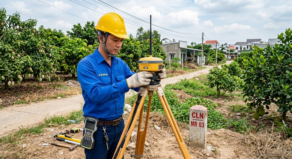 Kỹ sư trắc địa đang đặt máy GNSS RTK hai tần số trên chân máy tại góc mốc ranh giới thửa đất CLN khu vực vùng ven phường Tân Hạnh, Biên Hòa, Đồng Nai