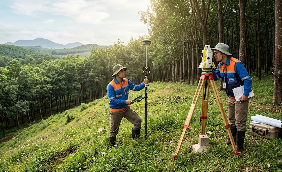 Đội kỹ sư Đo Đạc Đồng Nai gồm 2 người đang triển khai đo đạc trên địa hình đồi dốc có thảm cỏ và rừng cao su tại huyện Xuân Lộc Đồng Nai, một người cầm sào GPS RTK, một người điều khiển máy toàn đạc điện tử Leica