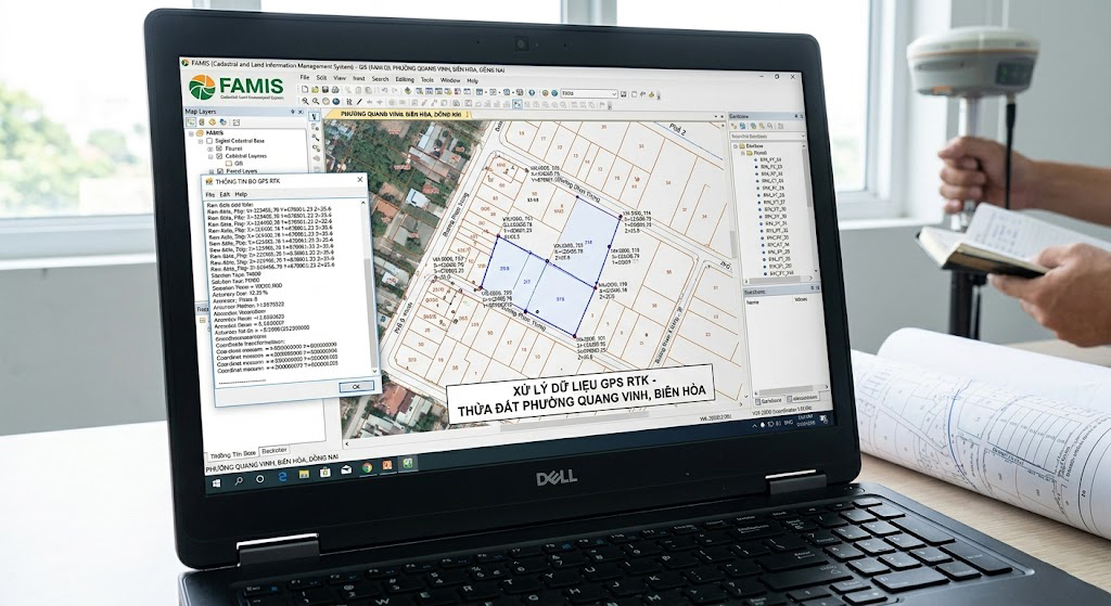 Màn hình máy tính xách tay hiển thị phần mềm FAMIS đang xử lý số liệu đo GPS RTK thửa đất phường Quang Vinh Biên Hòa, các điểm tọa độ VN-2000 hiển thị trên nền bản đồ địa chính số