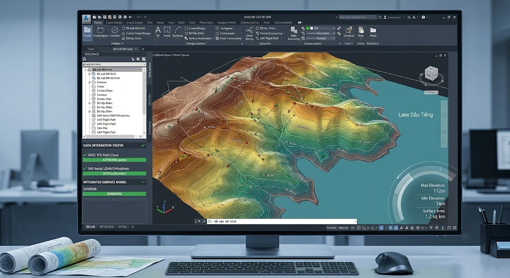 Màn hình phần mềm AutoCAD Civil 3D thể hiện mô hình DEM và đường đồng mức địa hình 3D khu vực ven hồ Dầu Tiếng, sử dụng dữ liệu điểm đo GNSS RTK và UAV tích hợp
