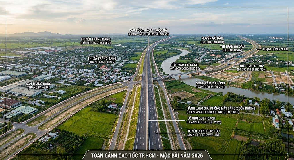 Toàn cảnh tuyến cao tốc TP.HCM - Mộc Bài đi qua địa bàn huyện Trảng Bàng và Gò Dầu tỉnh Tây Ninh, nhìn từ trên cao bằng flycam năm 2026, thể hiện rõ hành lang giải phóng mặt bằng hai bên đường