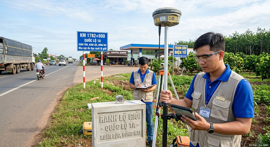 Kỹ sư trắc địa sử dụng máy GPS RTK đo đạc xác định ranh mốc lộ giới Quốc lộ 1A tại khu vực xã Xuân Tâm, huyện Xuân Lộc, Đồng Nai