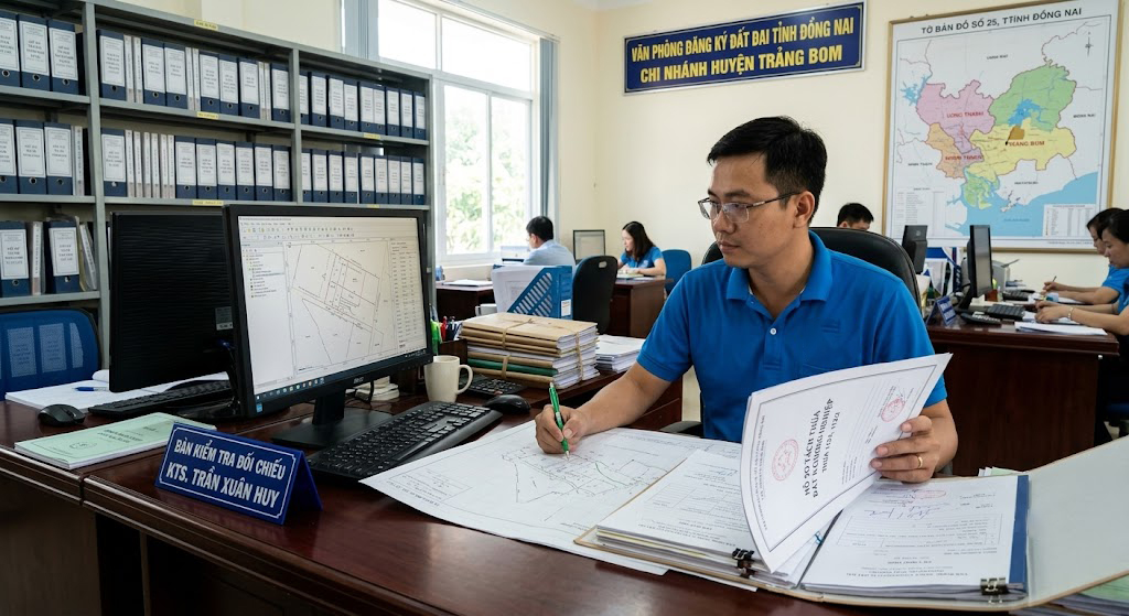 Kỹ sư đo đạc địa chính đang làm việc với hồ sơ tách thửa đất nông nghiệp tại Văn phòng Đăng ký đất đai huyện Trảng Bom, Đồng Nai