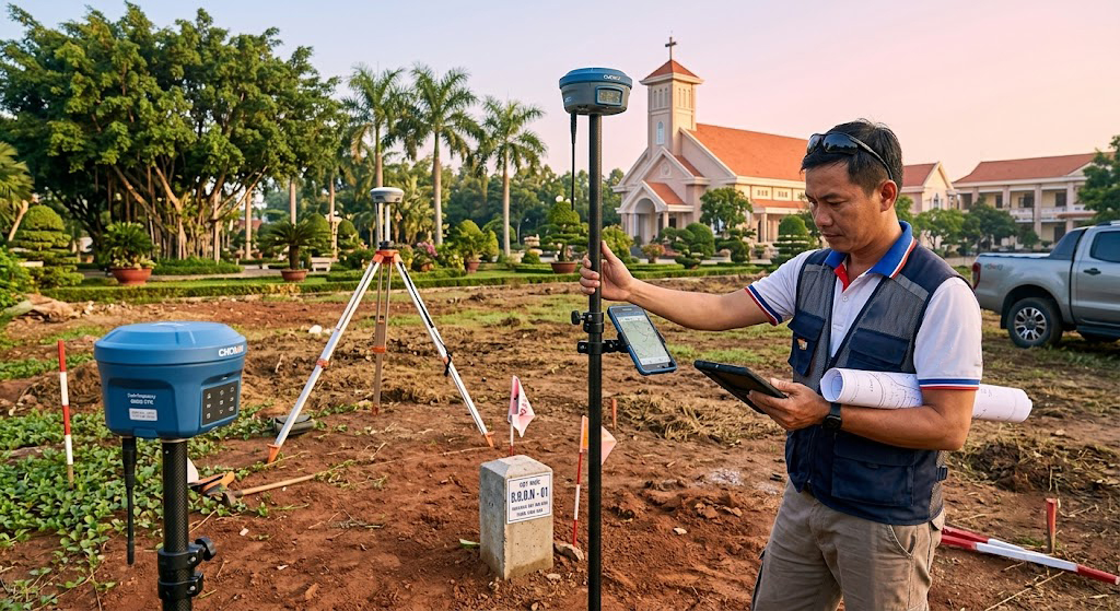 Kỹ sư trắc địa của Đo Đạc Đồng Nai đang cắm cột mốc và dựng máy định vị vệ tinh GNSS RTK 2 tần số tại thực địa một lô đất thổ cư gần khuôn viên giáo xứ Gia Tân 2, huyện Thống Nhất, Đồng Nai trong buổi sáng sớm