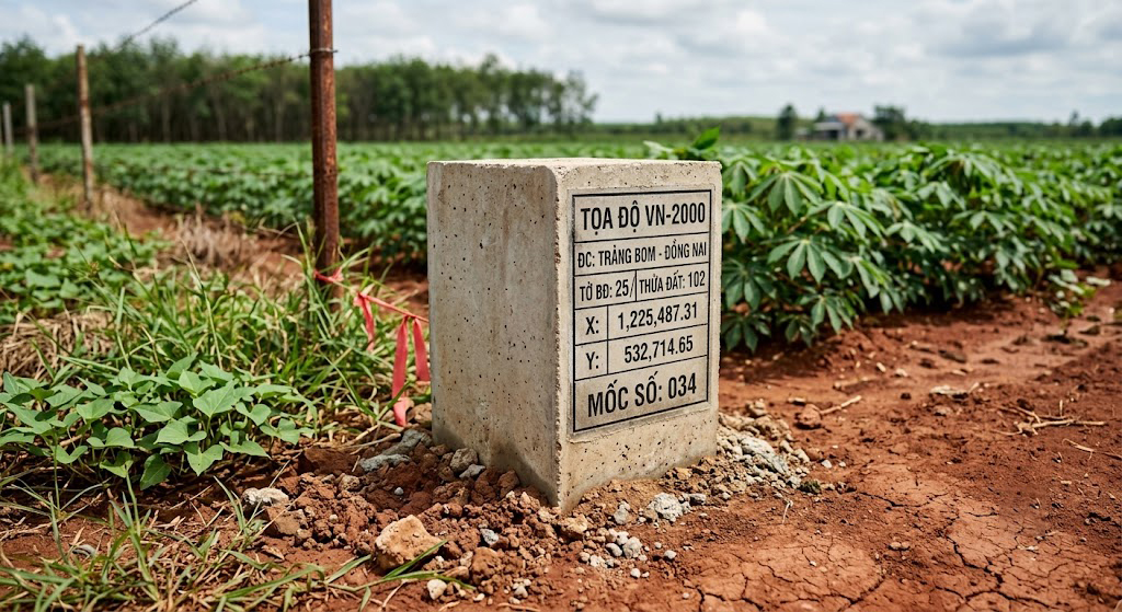 Cọc tiêu bê tông cốt thép được đúc và đóng xuống đất tại góc thửa đất nông nghiệp ở huyện Trảng Bom, Đồng Nai, có khắc ký hiệu tọa độ VN-2000 và số thứ tự mốc