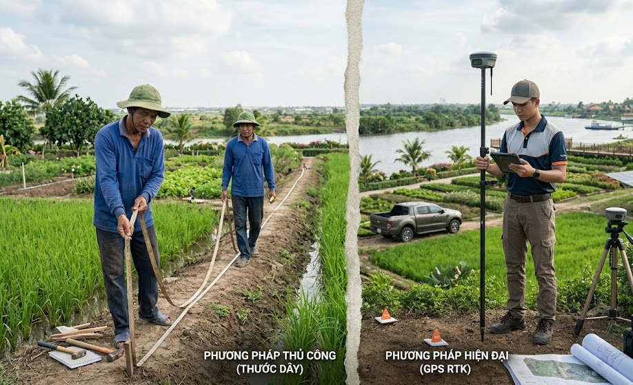 So sánh trực quan giữa phương pháp đo thước dây thủ công và máy GPS RTK hiện đại trên thực địa đất nông nghiệp tại Tây Ninh
