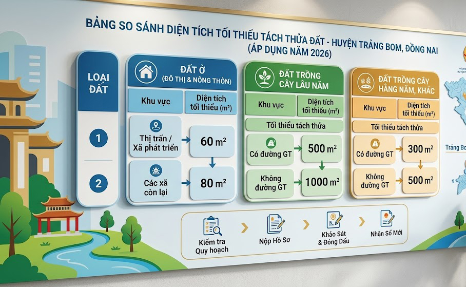 Bảng so sánh diện tích tối thiểu tách thửa từng loại đất tại huyện Trảng Bom Đồng Nai năm 2026, thiết kế dạng infographic rõ ràng dễ đọc