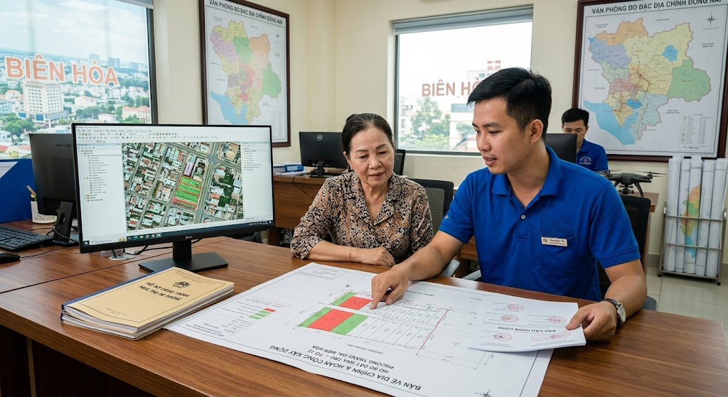 Nhân viên tư vấn Đo Đạc Đồng Nai đang giải thích hồ sơ hoàn công và bản vẽ địa chính cho chủ đầu tư nhà trọ tại văn phòng làm việc tỉnh Đồng Nai