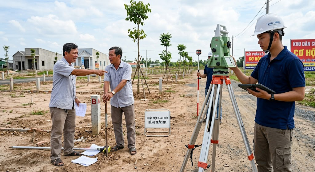 Hai chủ đất đang tranh chấp ranh giới tại một khu đất phân lô tự phát ở huyện Long Thành Đồng Nai, kỹ sư trắc địa đang dùng máy toàn đạc điện tử để đo lại ranh giới chính xác làm căn cứ hòa giải