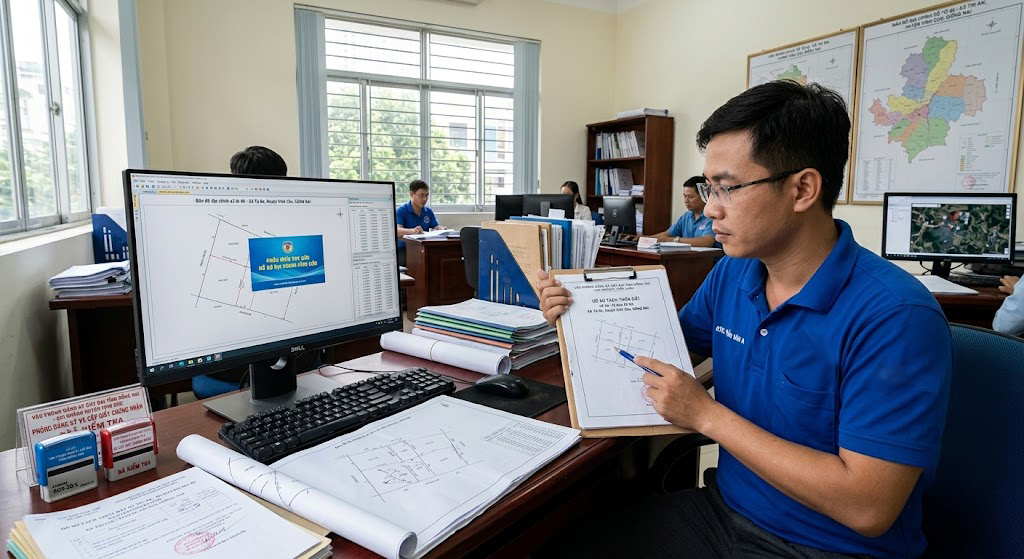 Kỹ sư địa chính đang tra cứu và đối chiếu hồ sơ bản đồ địa chính gốc dạng số tại Văn phòng đăng ký đất đai huyện Vĩnh Cửu Đồng Nai