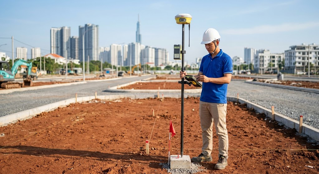 Kỹ sư trắc địa đang thao tác máy GNSS RTK Leica GS18 kết nối trạm CORS, đứng giữa một lô đất đang phân lô tại khu đô thị mới TP. Thủ Đức, TP.HCM năm 2026