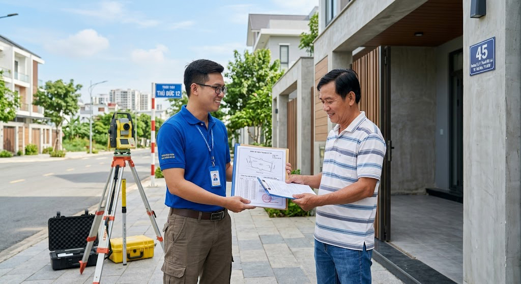 Kỹ sư trắc địa Đo Đạc TP Hồ Chí Minh bàn giao hồ sơ kỹ thuật hoàn chỉnh gồm bản vẽ hiện trạng vị trí, bảng tọa độ VN-2000 và biên bản xác nhận ranh giới cho chủ hộ tại TP. Thủ Đức TP.HCM