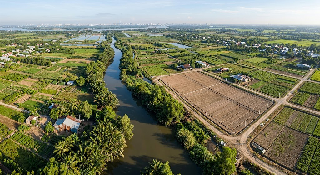 Toàn cảnh vùng đất vườn ven kênh rạch tại xã Vĩnh Thanh, huyện Nhơn Trạch, Đồng Nai nhìn từ trên cao – khu vực bờ rạch tự nhiên tiếp giáp thửa đất nông nghiệp đang được phân lô
