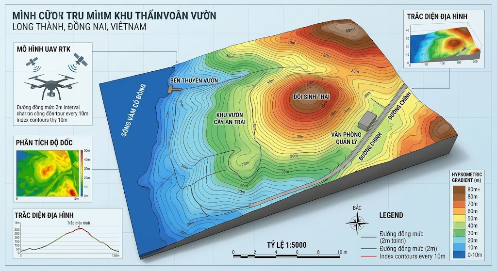 Bản đồ địa hình 3D đường đồng mức khu đất vườn sinh thái ven sông Long Thành Đồng Nai được xuất từ mô hình UAV RTK – thể hiện màu sắc theo cao độ (hypsometric tint)