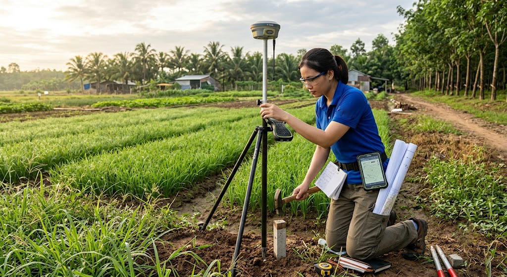 Kỹ sư trắc địa đang thao tác máy GNSS RTK 2 tần số cắm mốc khảo sát tại thửa đất nông nghiệp xã Cây Gáo huyện Trảng Bom Đồng Nai trong buổi sáng sớm