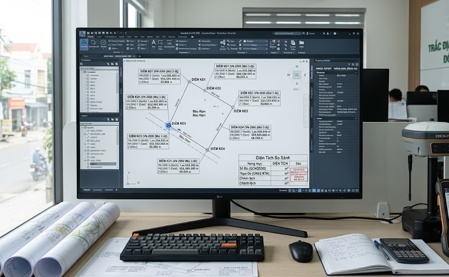 Màn hình phần mềm Civil 3D thể hiện tọa độ VN-2000 các điểm góc thửa đất vườn Bàu Hàm Trảng Bom Đồng Nai sau khi xử lý dữ liệu GNSS RTK – so sánh diện tích thực đo và diện tích sổ đỏ