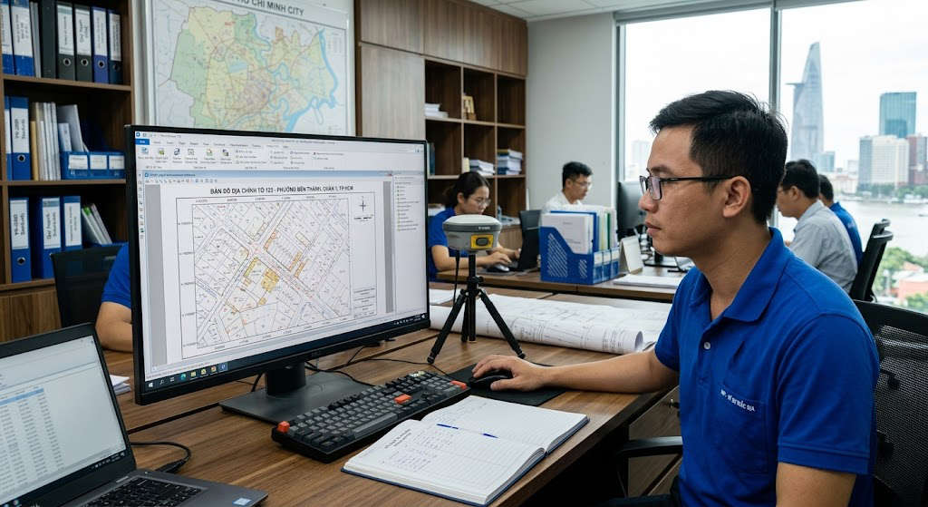 Kỹ sư trắc địa đang xử lý dữ liệu đo đạc trên phần mềm MicroStation và Famis để lập bản vẽ địa chính chuẩn VN-2000 tại văn phòng công ty đo đạc TP.HCM