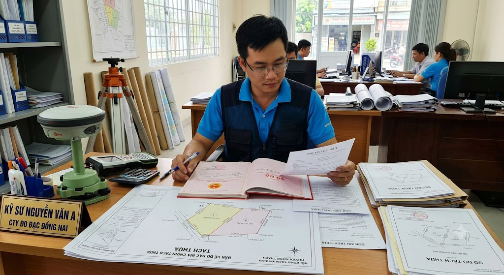 Bộ hồ sơ tách thửa đất tại huyện Nhơn Trạch Đồng Nai gồm bản vẽ đo đạc địa chính, đơn xin tách thửa và sổ đỏ gốc đang được kỹ sư Đo Đạc Đồng Nai kiểm tra