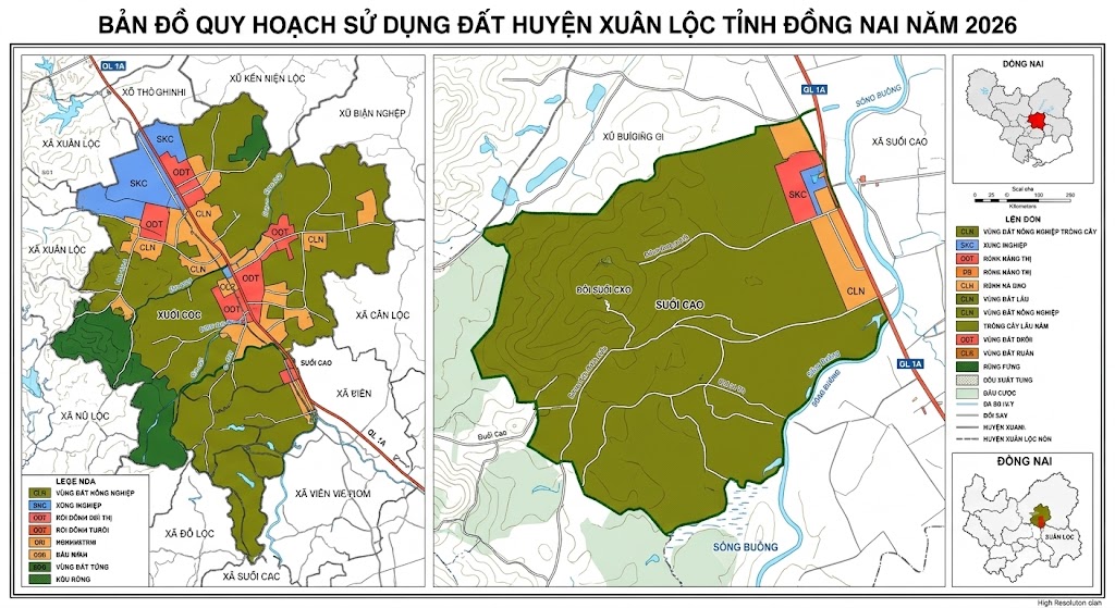 Bản đồ quy hoạch sử dụng đất huyện Xuân Lộc tỉnh Đồng Nai năm 2026 thể hiện vùng đất nông nghiệp trồng cây lâu năm tại xã Suối Cao