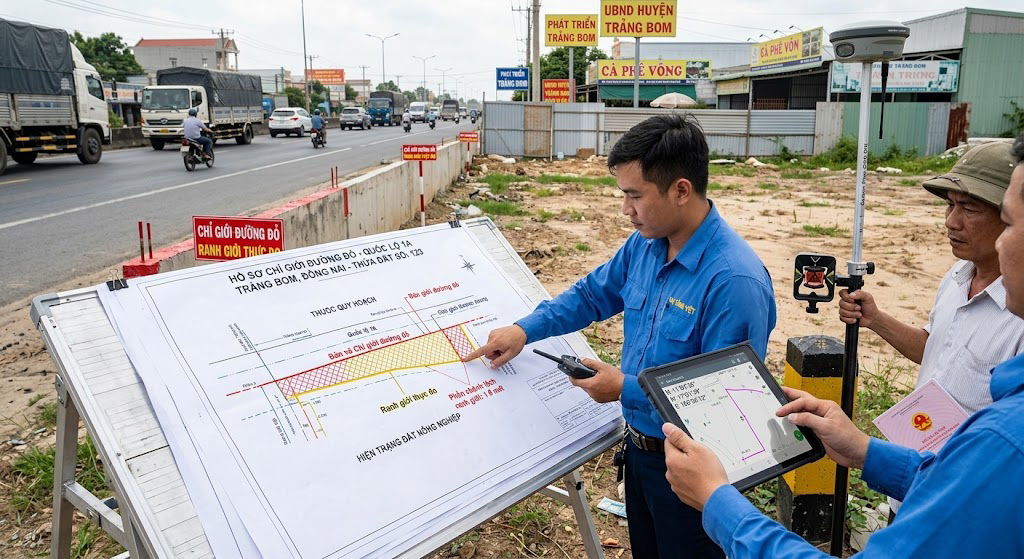 So sánh bản vẽ chỉ giới đường đỏ trên hồ sơ quy hoạch và thực địa đo bằng máy GPS RTK tại mặt tiền Quốc lộ 1A Trảng Bom Đồng Nai, thể hiện phần chênh lệch ranh giới