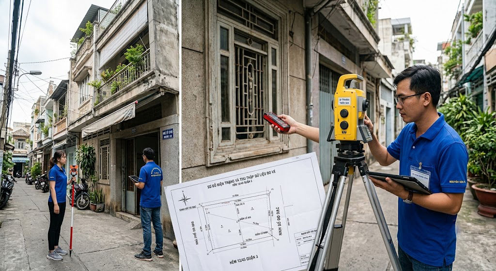 Kỹ sư trắc địa đang đo vẽ hiện trạng công trình nhà phố tại một con hẻm ở Quận 3 TP.HCM, dùng máy toàn đạc điện tử kết hợp thước đo laser để ghi lại chi tiết kiến trúc phục vụ hoàn công