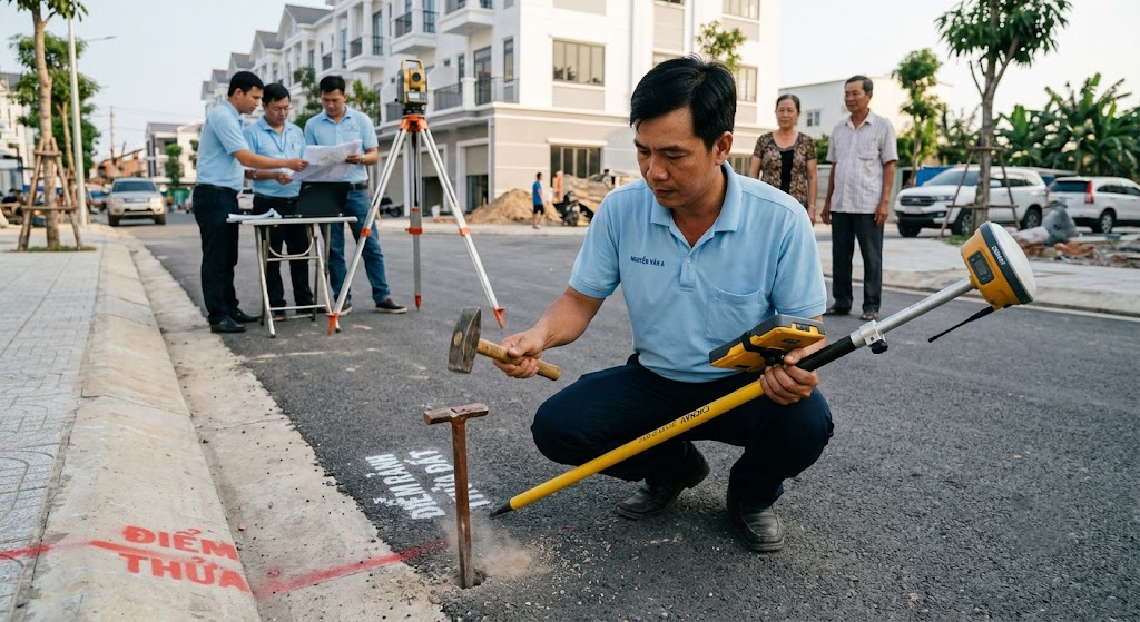Kỹ sư trắc địa cắm mốc ranh thửa đất bằng đinh sắt tại thực địa sau khi hoàn thành đo đạc địa chính tại một khu dân cư tại Quận 12, TP.HCM