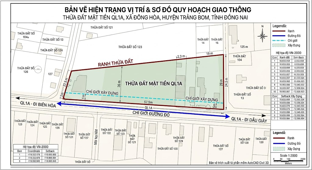 Bản vẽ hiện trạng vị trí thửa đất mặt tiền QL1A huyện Trảng Bom Đồng Nai thể hiện chỉ giới đường đỏ, chỉ giới xây dựng và ranh thửa đất trên nền bản đồ địa chính, file AutoCAD xuất PDF