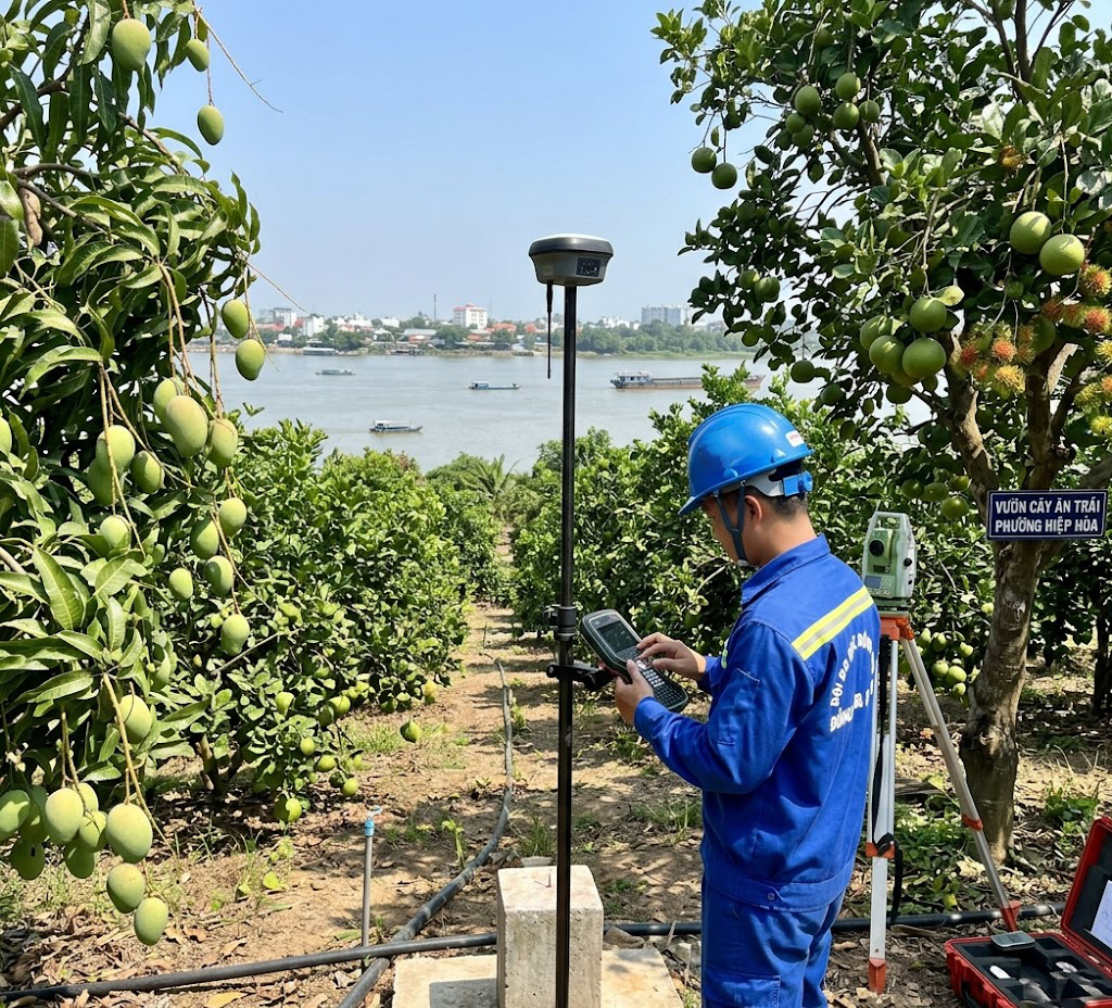 Kỹ sư trắc địa của đội đo đạc Đồng Nai đang thao tác máy định vị vệ tinh GPS RTK Leica GS18 tại một thửa đất vườn cây ăn trái trên địa bàn phường Hiệp Hòa, thành phố Biên Hòa, với sông Đồng Nai hiện ra phía sau