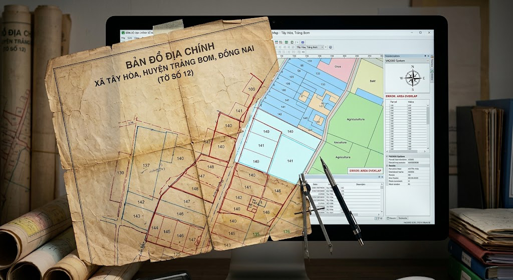Cận cảnh bản đồ địa chính giấy cũ đang được chồng xếp lên bản đồ số trên màn hình máy tính, thể hiện sự lệch ranh giới giữa dữ liệu cũ và mới tại khu vực xã Tây Hòa Trảng Bom Đồng Nai