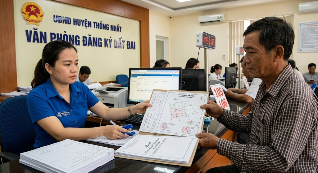 Nhân viên Văn phòng Đăng ký Đất đai huyện Thống Nhất, Đồng Nai tiếp nhận hồ sơ tách thửa đất nông nghiệp từ chủ đất, có bản trích đo địa chính kèm theo