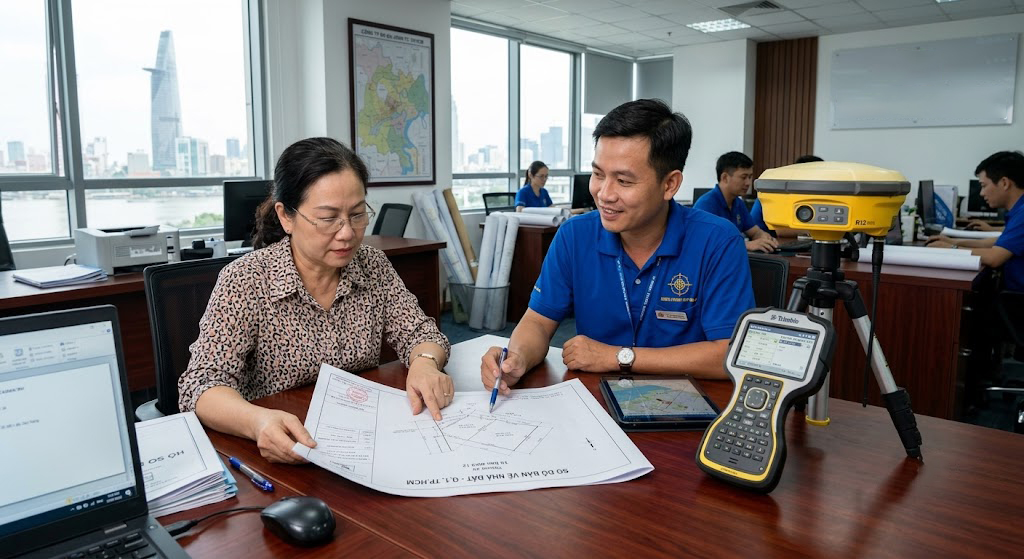 Chủ đất đang ngồi trao đổi với kỹ sư trắc địa về hồ sơ đo đạc địa chính tại văn phòng làm việc của công ty đo đạc tại TP.HCM, trên bàn có bản vẽ sơ đồ nhà đất và thiết bị GPS RTK