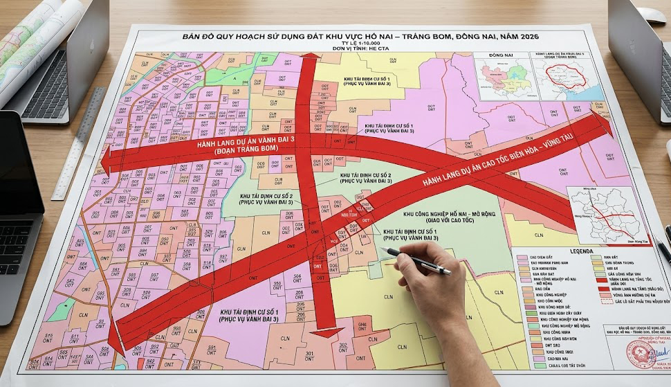 Bản đồ quy hoạch sử dụng đất khu vực Hố Nai – Trảng Bom, Đồng Nai năm 2026 với các vùng hành lang hạ tầng được tô màu đỏ, thể hiện rõ các lô đất nằm trong vùng ảnh hưởng của dự án Vành đai 3 và cao tốc Biên Hòa – Vũng Tàu