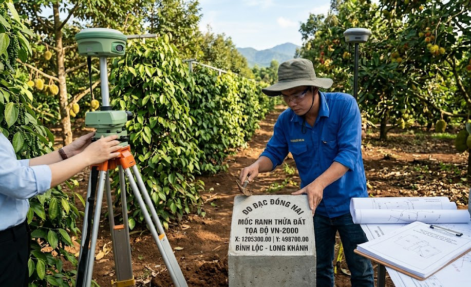 Kỹ sư trắc địa Đo Đạc Đồng Nai đang cắm mốc bê-tông góc ranh tại thửa đất vườn Bình Lộc Long Khánh, xung quanh là vườn tiêu và cây ăn trái, mốc khắc tọa độ VN-2000 rõ nét