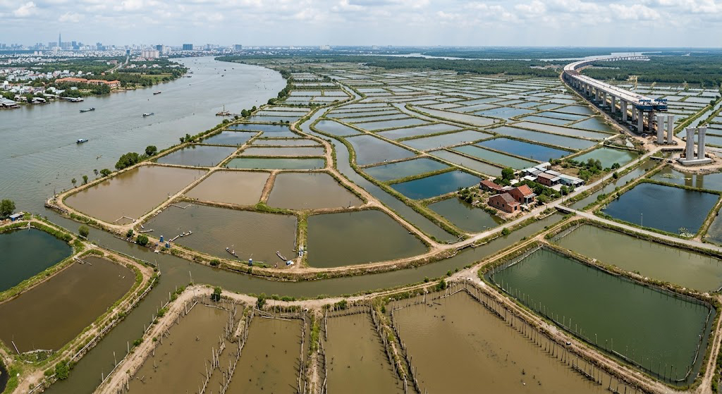 Toàn cảnh vùng đất nuôi trồng thủy sản ven sông Đồng Nai tại xã Phước Khánh, huyện Nhơn Trạch, nhìn từ trên cao bằng drone năm 2026 với các ao đầm, kênh dẫn nước và mốc ranh giới cũ bằng cọc tre
