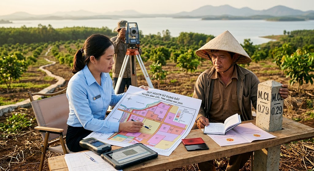 Cán bộ địa chính và chủ đất đang đối chiếu bản đồ quy hoạch sử dụng đất huyện Vĩnh Cửu Đồng Nai 2026 với ranh giới thực địa thửa đất rẫy tại hiện trường