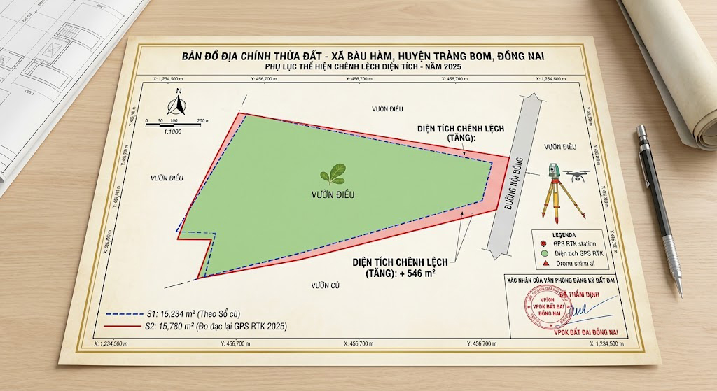Bản đồ địa chính thửa đất vườn điều tại xã Bàu Hàm huyện Trảng Bom Đồng Nai thể hiện ranh giới cũ và ranh giới đo đạc lại bằng GPS RTK năm 2025 – chênh lệch diện tích rõ ràng