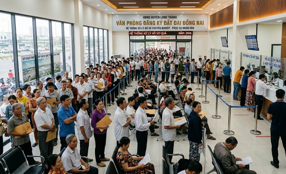 Văn phòng đăng ký đất đai huyện Long Thành Đồng Nai với hàng dài người dân đang chờ nộp hồ sơ tách thửa, hợp thức hóa đất năm 2026