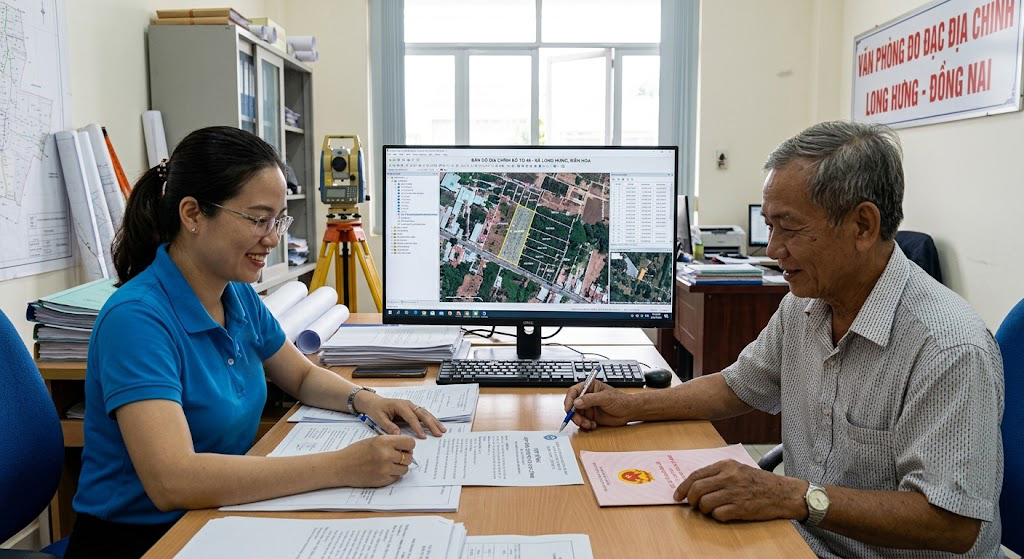 Hợp đồng dịch vụ đo đạc địa chính đang được ký kết giữa kỹ sư tư vấn và chủ đất tại văn phòng làm việc, với bản đồ địa chính số hiển thị trên màn hình máy tính phía sau