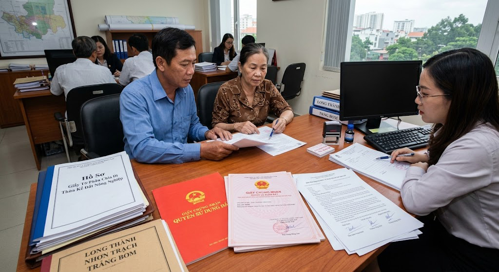 Hồ sơ giấy tờ thủ tục phân chia di sản thừa kế đất nông nghiệp tại Văn phòng công chứng tỉnh Đồng Nai, bao gồm giấy chứng nhận quyền sử dụng đất sổ đỏ và biên bản họp gia đình