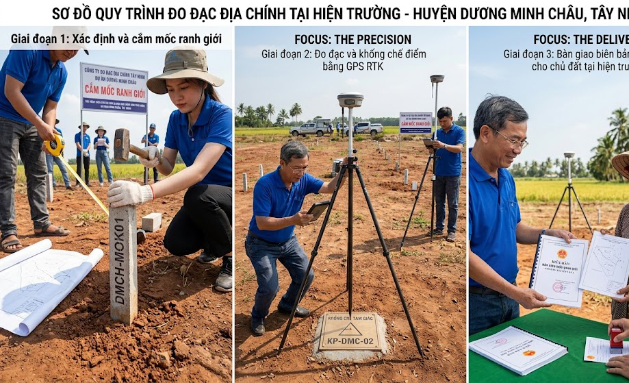 Quy trình đo đạc địa chính tại hiện trường – kỹ sư cắm cọc mốc ranh giới, đặt máy GPS RTK tại điểm khống chế tam giác, và bàn giao biên bản mốc ranh cho chủ đất tại huyện Dương Minh Châu, Tây Ninh