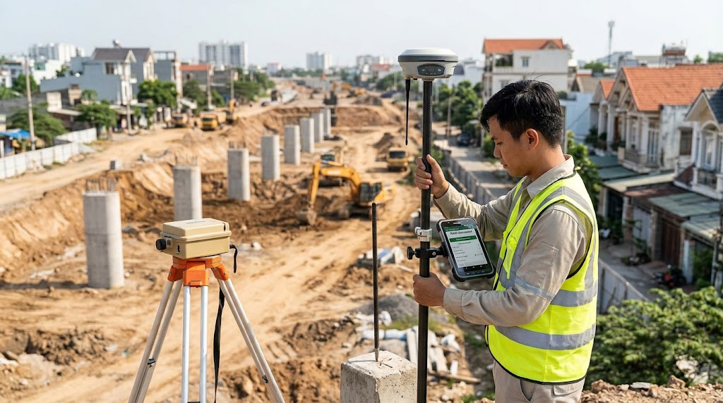 Kỹ sư trắc địa sử dụng máy định vị vệ tinh GPS RTK 2 tần số kết nối trạm CORS đang đo đạc ranh đất tại một thửa đất dính hành lang đường Vành Đai 3 ở huyện Hóc Môn TP.HCM