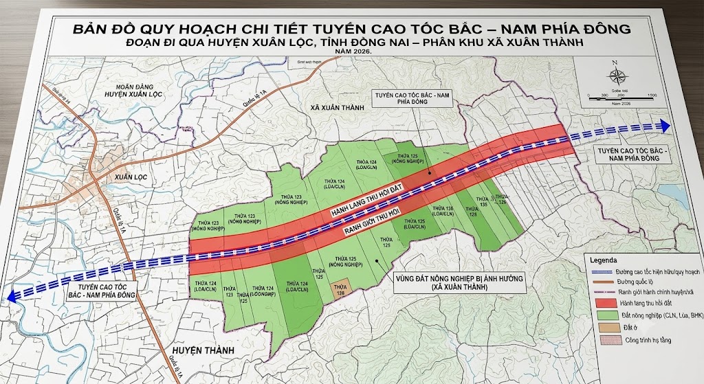 Bản đồ quy hoạch tuyến cao tốc Bắc – Nam phía Đông đoạn đi qua huyện Xuân Lộc tỉnh Đồng Nai, thể hiện hành lang thu hồi đất màu đỏ chồng lên các thửa đất nông nghiệp tại xã Xuân Thành
