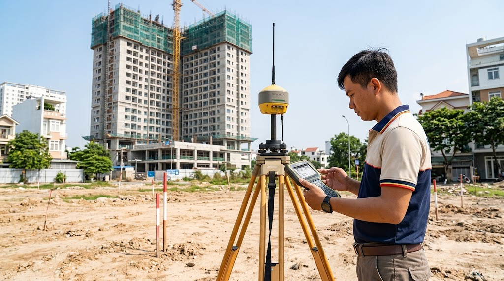 Kỹ sư trắc địa Đo Đạc TP Hồ Chí Minh thao tác máy GNSS RTK Topcon HiPer HR trên thực địa tại khu vực đất ở TP. Thủ Đức, phía sau là cao ốc đang xây dựng, máy cắm trên chân kiềng ổn định, màn hình controller hiển thị tọa độ VN-2000