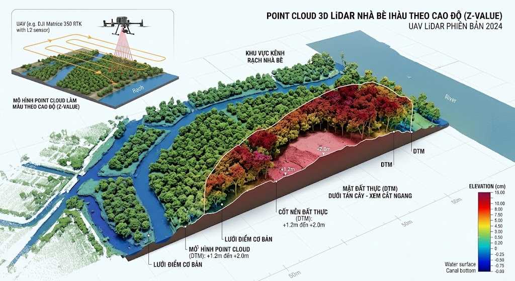 Mô hình Point Cloud 3D LiDAR màu sắc theo cao độ của khu vực kênh rạch và vườn cây ăn trái tại huyện Nhà Bè TP.HCM được bay quét bằng UAV LiDAR, thể hiện mặt đất thực bên dưới tán cây