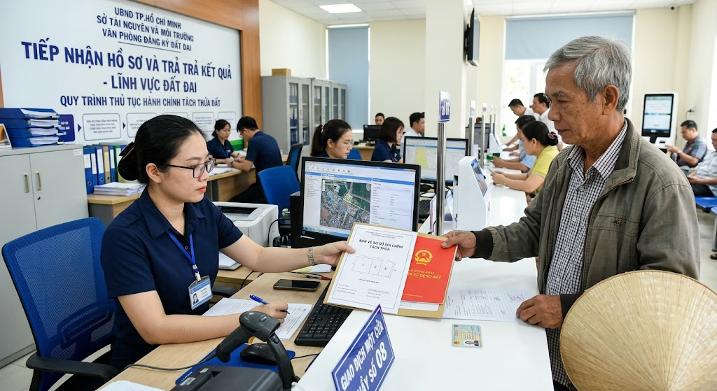 Chuyên viên Văn phòng đăng ký đất đai tại TP.HCM tiếp nhận hồ sơ tách thửa đất từ chủ hộ, thể hiện quy trình thủ tục hành chính đất đai thực tế
