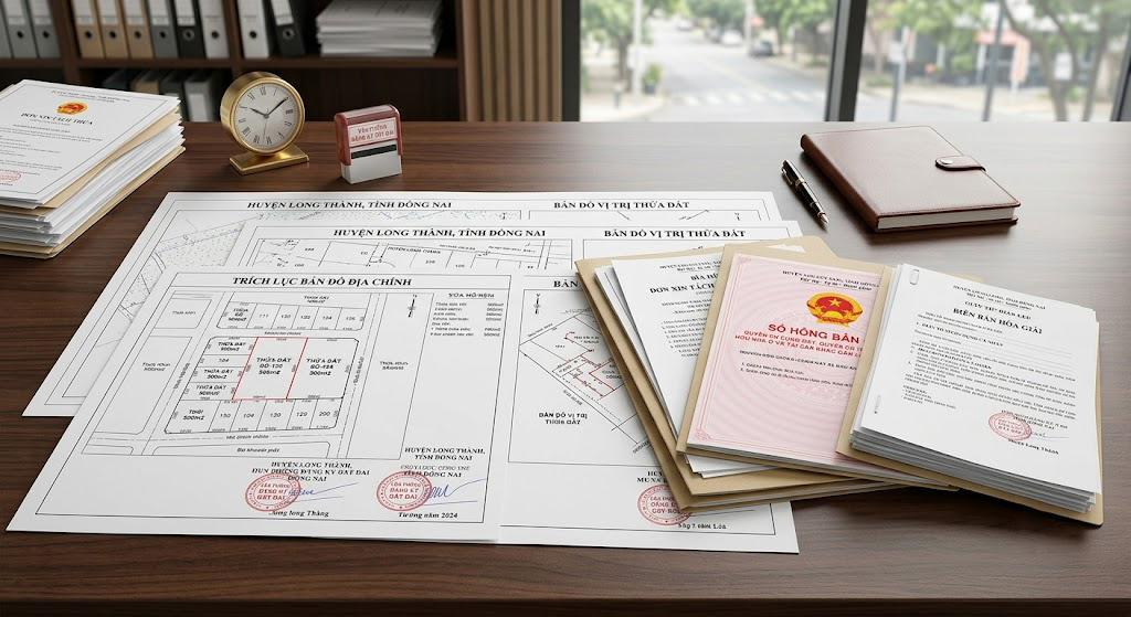 Bộ hồ sơ tách thửa đất hoàn chỉnh tại huyện Long Thành Đồng Nai bao gồm trích lục bản đồ địa chính bản đồ vị trí thửa đất và các giấy tờ pháp lý liên quan được sắp xếp gọn gàng trên bàn làm việc