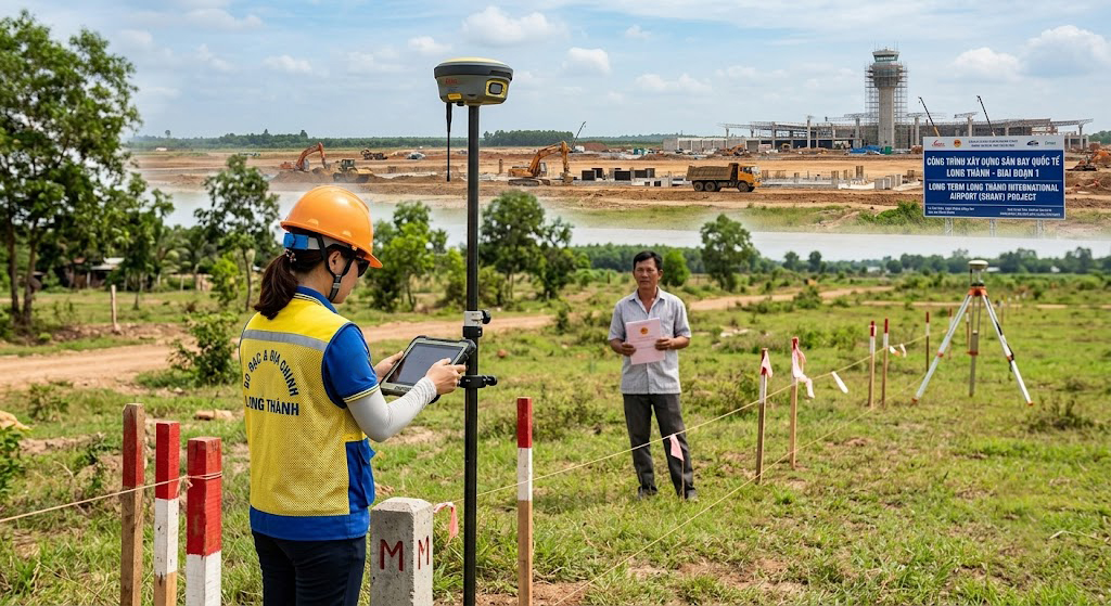 Kỹ sư trắc địa sử dụng máy GNSS RTK Leica GS18T đang đo đạc xác định mốc ranh giới thửa đất tại khu vực xã Bàu Cạn huyện Long Thành Đồng Nai, phía xa là công trình xây dựng sân bay Long Thành