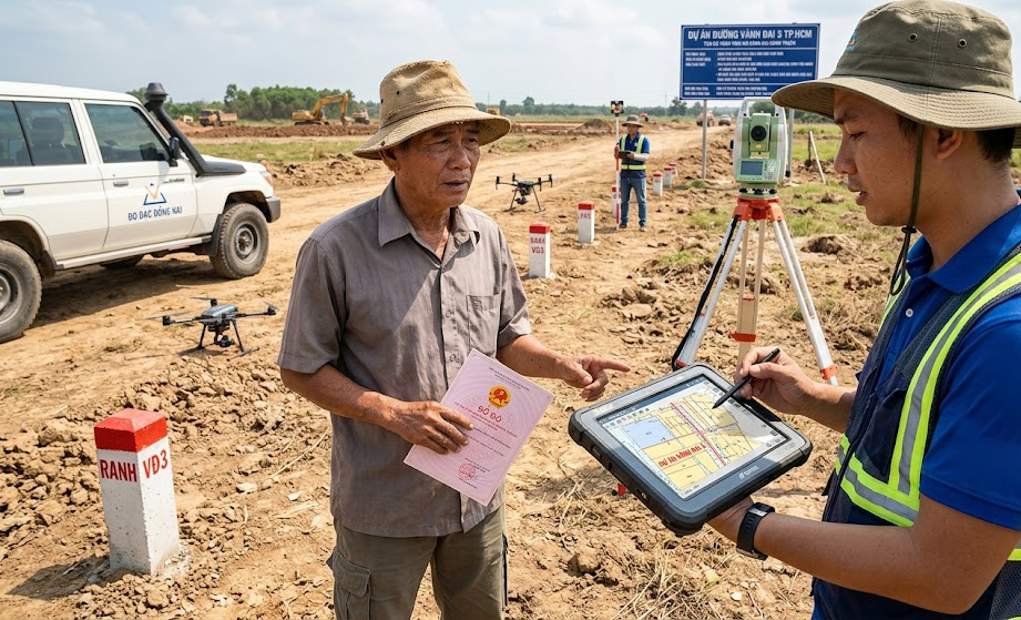 Chủ đất tại xã Long Tân Nhơn Trạch đang trao đổi trực tiếp với kỹ sư trắc địa Đo Đạc Đồng Nai về ranh giới thửa đất và phương án đo đạc phục vụ bồi thường giải tỏa dự án Vành Đai 3